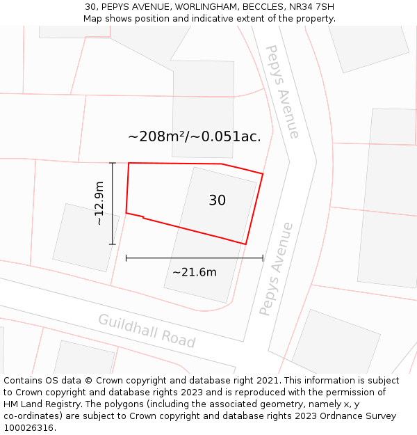 30, PEPYS AVENUE, WORLINGHAM, BECCLES, NR34 7SH: Plot and title map