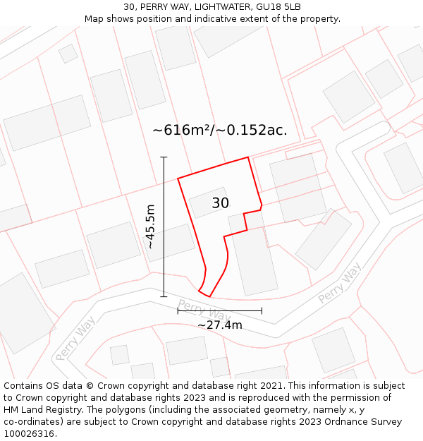 30, PERRY WAY, LIGHTWATER, GU18 5LB: Plot and title map