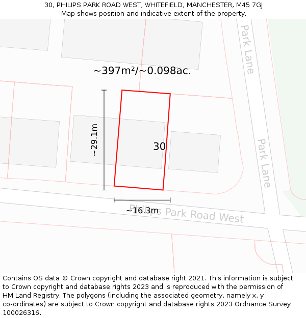 30, PHILIPS PARK ROAD WEST, WHITEFIELD, MANCHESTER, M45 7GJ: Plot and title map