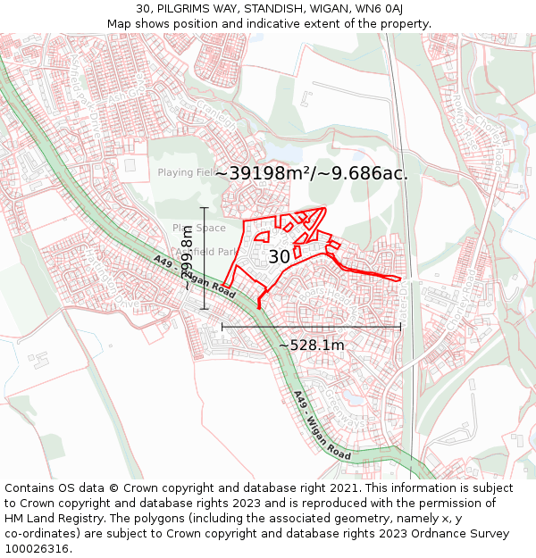 30, PILGRIMS WAY, STANDISH, WIGAN, WN6 0AJ: Plot and title map