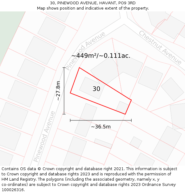 30, PINEWOOD AVENUE, HAVANT, PO9 3RD: Plot and title map