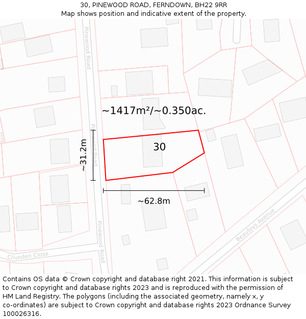 30, PINEWOOD ROAD, FERNDOWN, BH22 9RR: Plot and title map