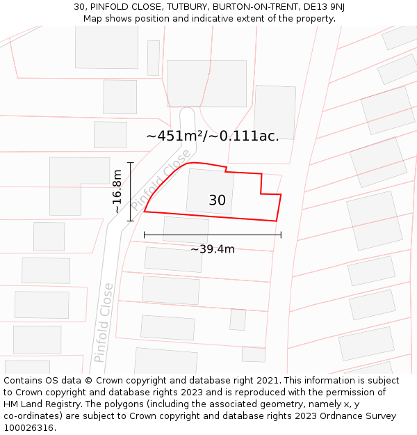 30, PINFOLD CLOSE, TUTBURY, BURTON-ON-TRENT, DE13 9NJ: Plot and title map
