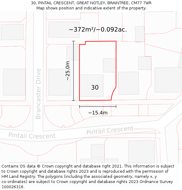 30, PINTAIL CRESCENT, GREAT NOTLEY, BRAINTREE, CM77 7WR: Plot and title map