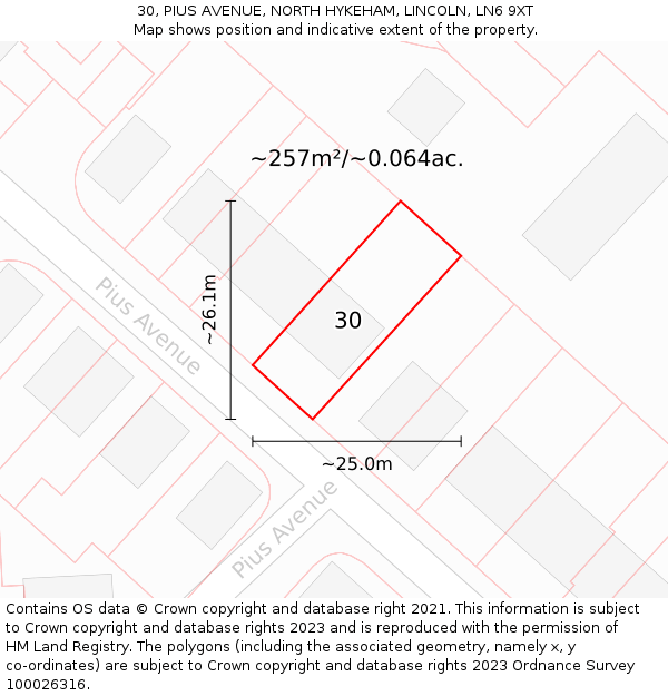 30, PIUS AVENUE, NORTH HYKEHAM, LINCOLN, LN6 9XT: Plot and title map