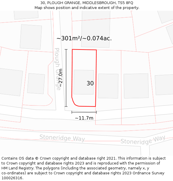 30, PLOUGH GRANGE, MIDDLESBROUGH, TS5 8FQ: Plot and title map
