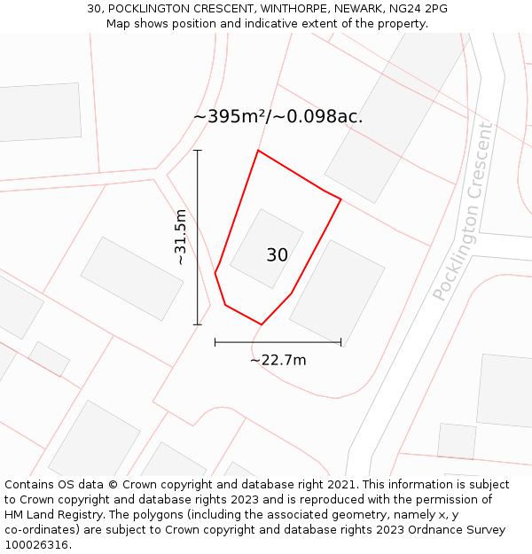 30, POCKLINGTON CRESCENT, WINTHORPE, NEWARK, NG24 2PG: Plot and title map