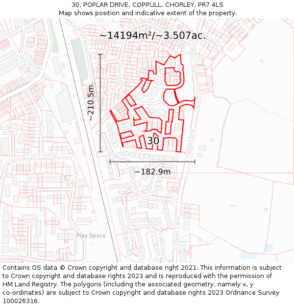 30, POPLAR DRIVE, COPPULL, CHORLEY, PR7 4LS: Plot and title map