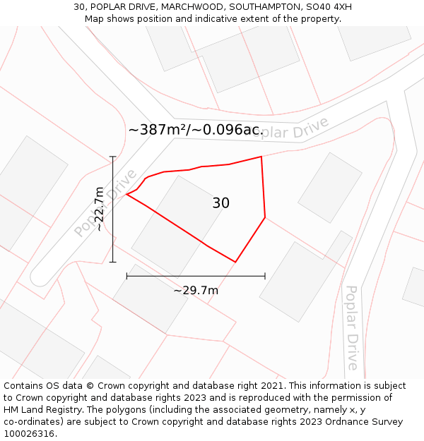 30, POPLAR DRIVE, MARCHWOOD, SOUTHAMPTON, SO40 4XH: Plot and title map