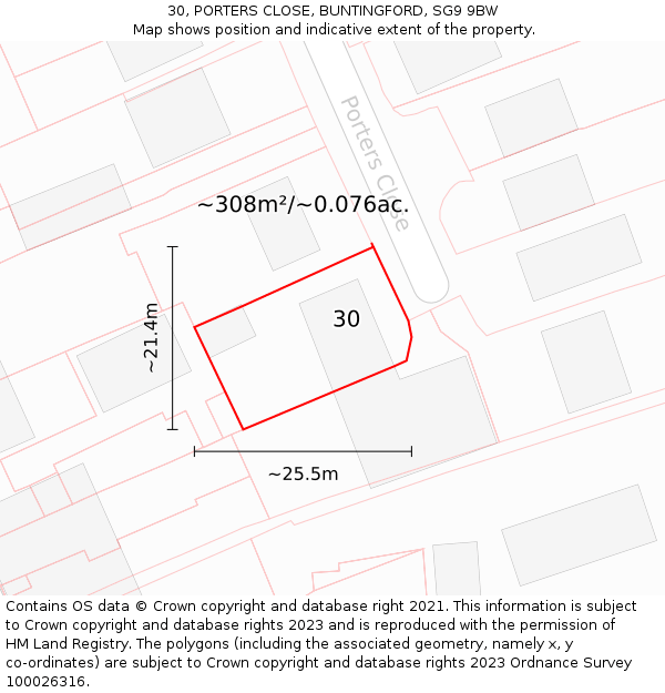 30, PORTERS CLOSE, BUNTINGFORD, SG9 9BW: Plot and title map