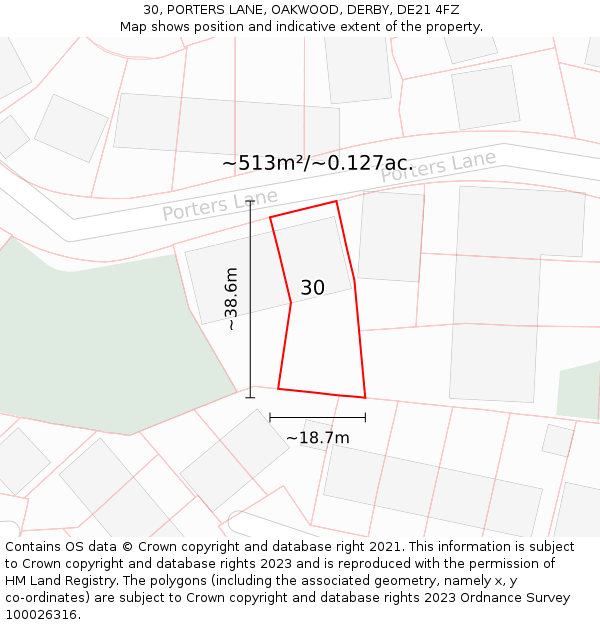 30, PORTERS LANE, OAKWOOD, DERBY, DE21 4FZ: Plot and title map