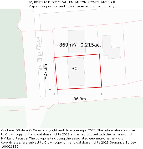 30, PORTLAND DRIVE, WILLEN, MILTON KEYNES, MK15 9JP: Plot and title map