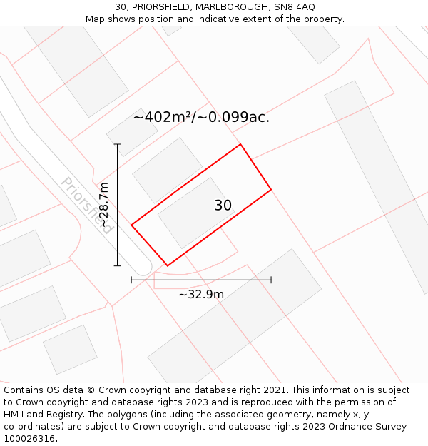 30, PRIORSFIELD, MARLBOROUGH, SN8 4AQ: Plot and title map