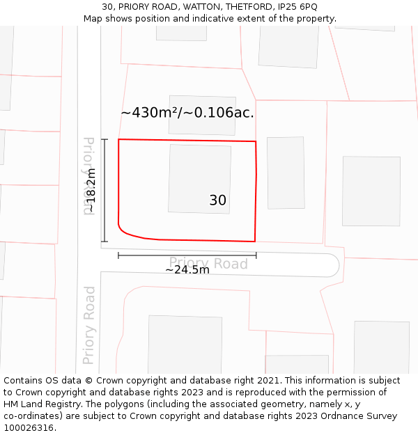 30, PRIORY ROAD, WATTON, THETFORD, IP25 6PQ: Plot and title map