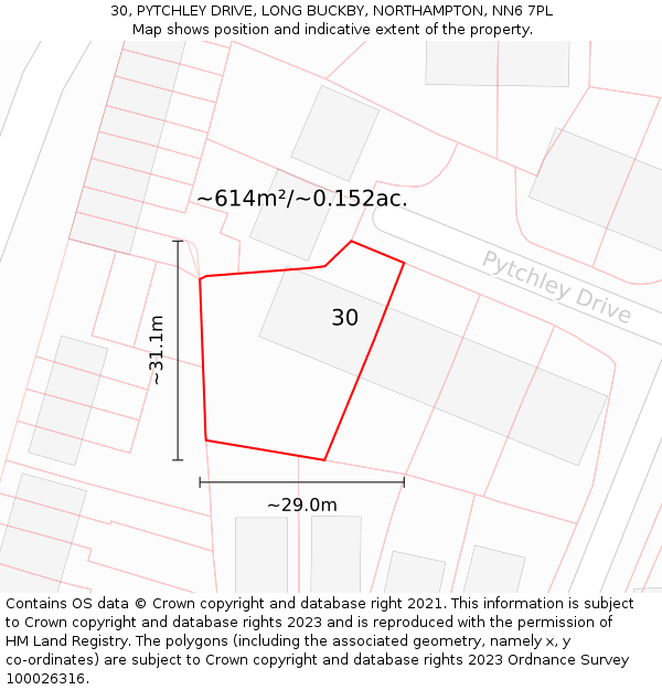 30, PYTCHLEY DRIVE, LONG BUCKBY, NORTHAMPTON, NN6 7PL: Plot and title map