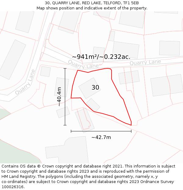 30, QUARRY LANE, RED LAKE, TELFORD, TF1 5EB: Plot and title map