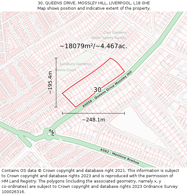 30, QUEENS DRIVE, MOSSLEY HILL, LIVERPOOL, L18 0HE: Plot and title map