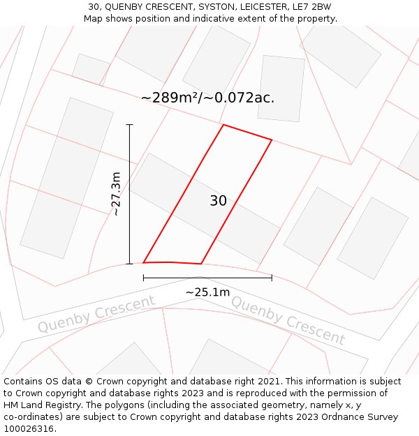 30, QUENBY CRESCENT, SYSTON, LEICESTER, LE7 2BW: Plot and title map