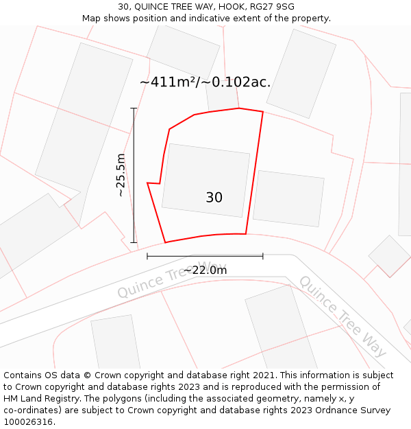 30, QUINCE TREE WAY, HOOK, RG27 9SG: Plot and title map