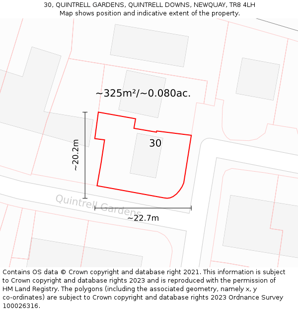 30, QUINTRELL GARDENS, QUINTRELL DOWNS, NEWQUAY, TR8 4LH: Plot and title map