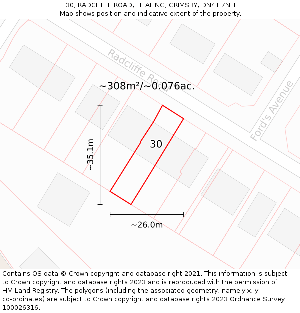 30, RADCLIFFE ROAD, HEALING, GRIMSBY, DN41 7NH: Plot and title map