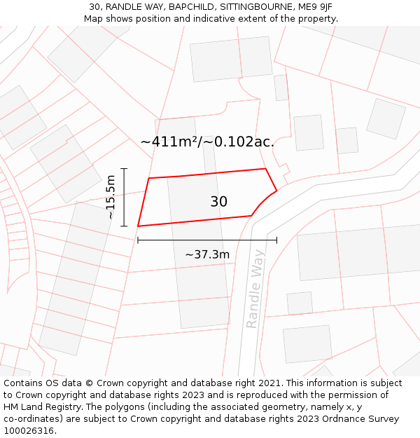 30, RANDLE WAY, BAPCHILD, SITTINGBOURNE, ME9 9JF: Plot and title map