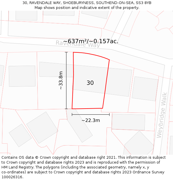 30, RAVENDALE WAY, SHOEBURYNESS, SOUTHEND-ON-SEA, SS3 8YB: Plot and title map