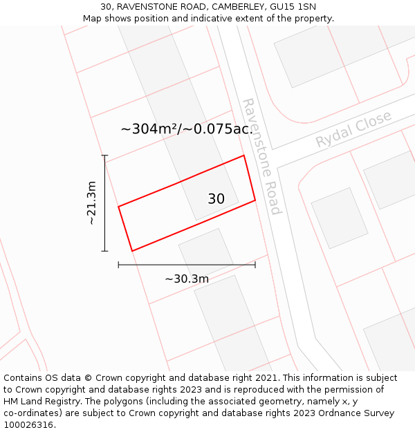 30, RAVENSTONE ROAD, CAMBERLEY, GU15 1SN: Plot and title map