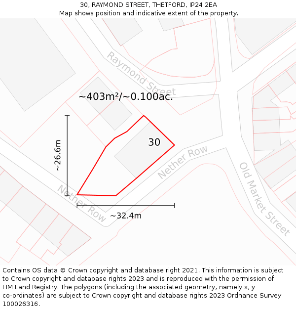 30, RAYMOND STREET, THETFORD, IP24 2EA: Plot and title map