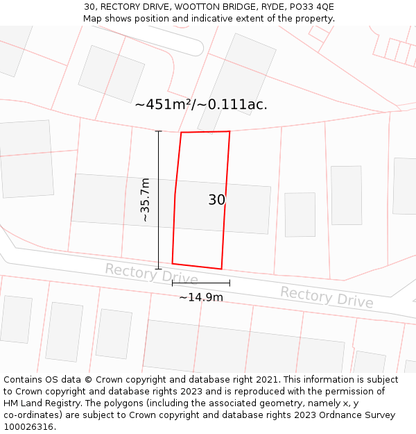 30, RECTORY DRIVE, WOOTTON BRIDGE, RYDE, PO33 4QE: Plot and title map