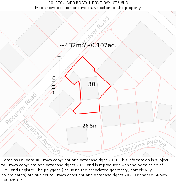 30, RECULVER ROAD, HERNE BAY, CT6 6LD: Plot and title map