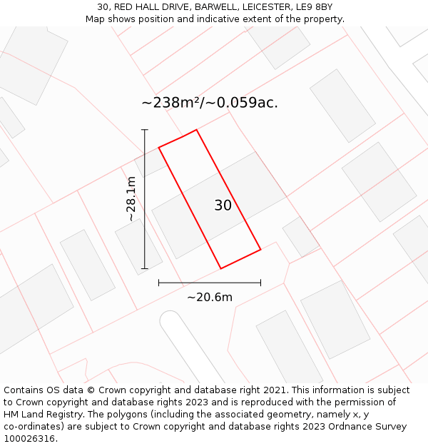 30, RED HALL DRIVE, BARWELL, LEICESTER, LE9 8BY: Plot and title map