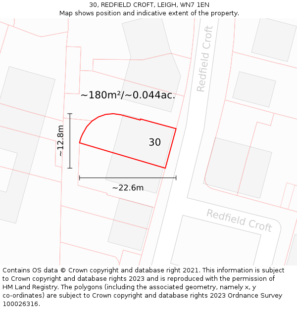 30, REDFIELD CROFT, LEIGH, WN7 1EN: Plot and title map