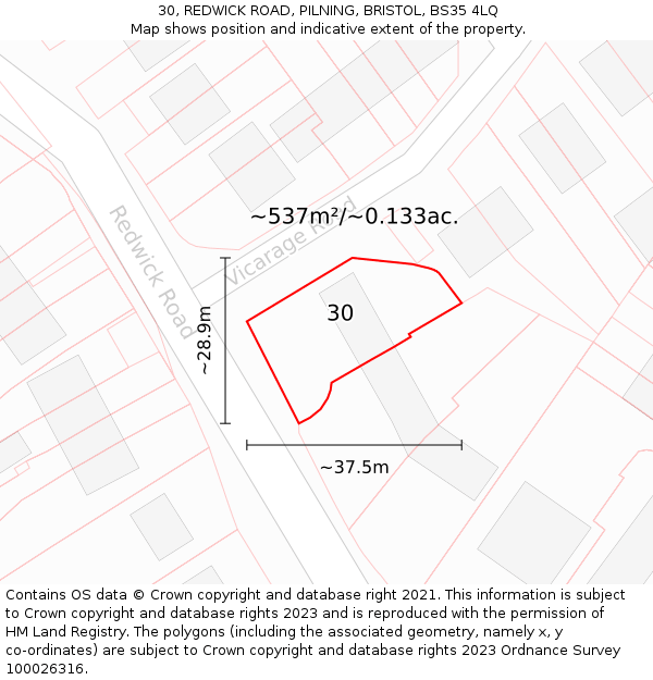 30, REDWICK ROAD, PILNING, BRISTOL, BS35 4LQ: Plot and title map