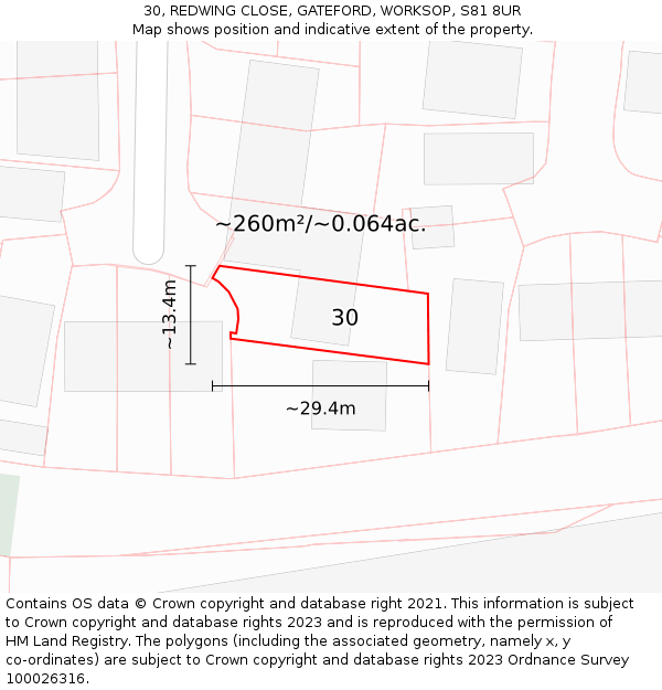 30, REDWING CLOSE, GATEFORD, WORKSOP, S81 8UR: Plot and title map