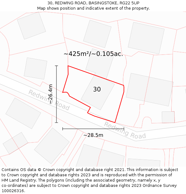 30, REDWING ROAD, BASINGSTOKE, RG22 5UP: Plot and title map