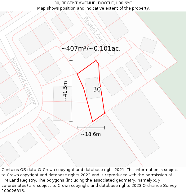 30, REGENT AVENUE, BOOTLE, L30 6YG: Plot and title map