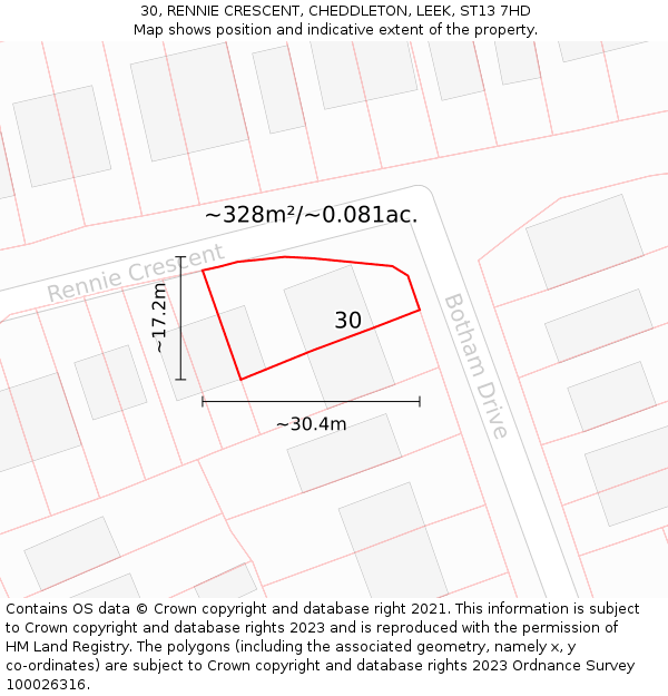 30, RENNIE CRESCENT, CHEDDLETON, LEEK, ST13 7HD: Plot and title map