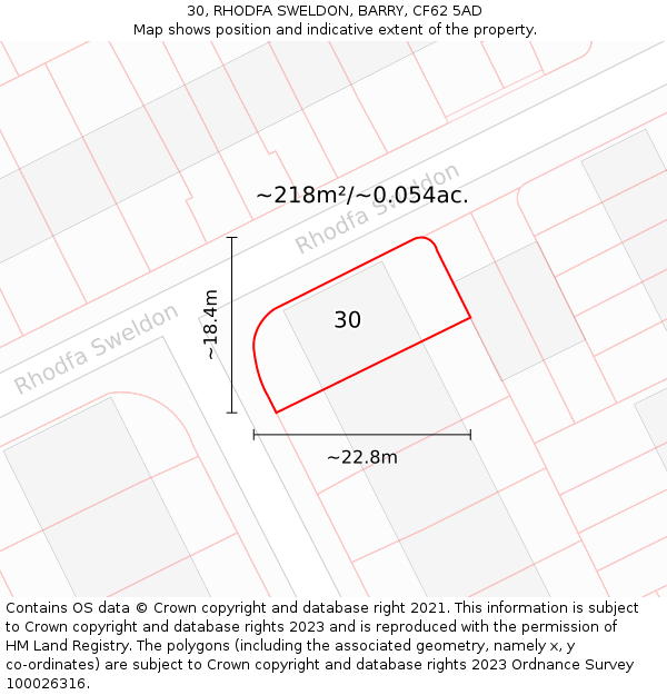 30, RHODFA SWELDON, BARRY, CF62 5AD: Plot and title map