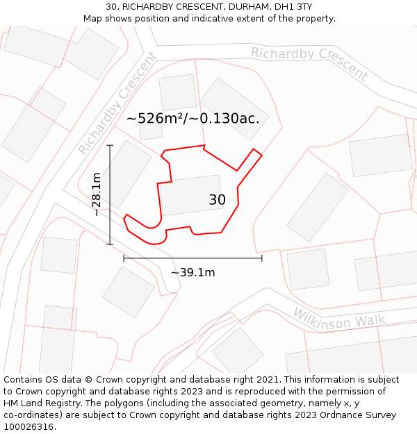 30, RICHARDBY CRESCENT, DURHAM, DH1 3TY: Plot and title map
