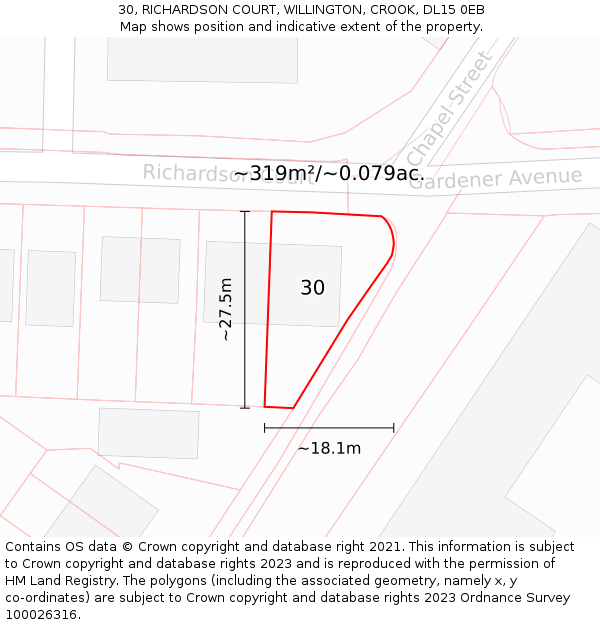 30, RICHARDSON COURT, WILLINGTON, CROOK, DL15 0EB: Plot and title map