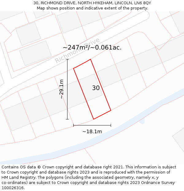 30, RICHMOND DRIVE, NORTH HYKEHAM, LINCOLN, LN6 8QY: Plot and title map
