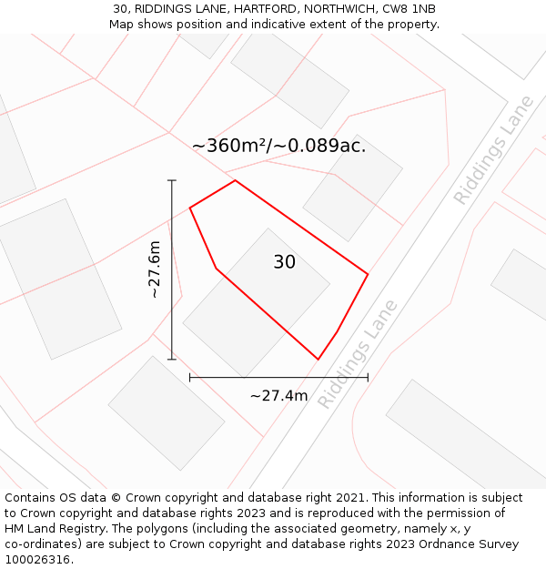 30, RIDDINGS LANE, HARTFORD, NORTHWICH, CW8 1NB: Plot and title map