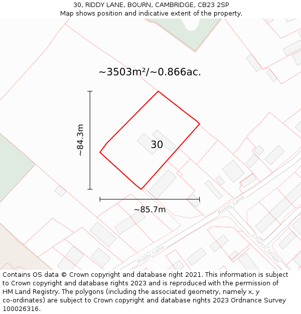 30, RIDDY LANE, BOURN, CAMBRIDGE, CB23 2SP: Plot and title map