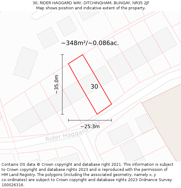 30, RIDER HAGGARD WAY, DITCHINGHAM, BUNGAY, NR35 2JF: Plot and title map