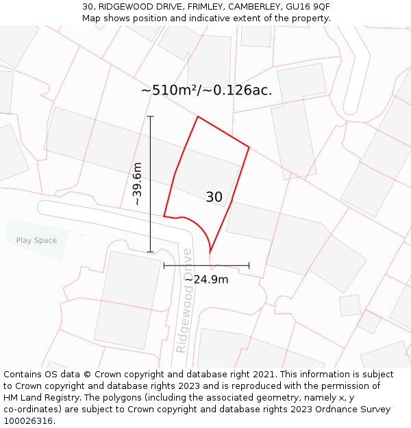 30, RIDGEWOOD DRIVE, FRIMLEY, CAMBERLEY, GU16 9QF: Plot and title map