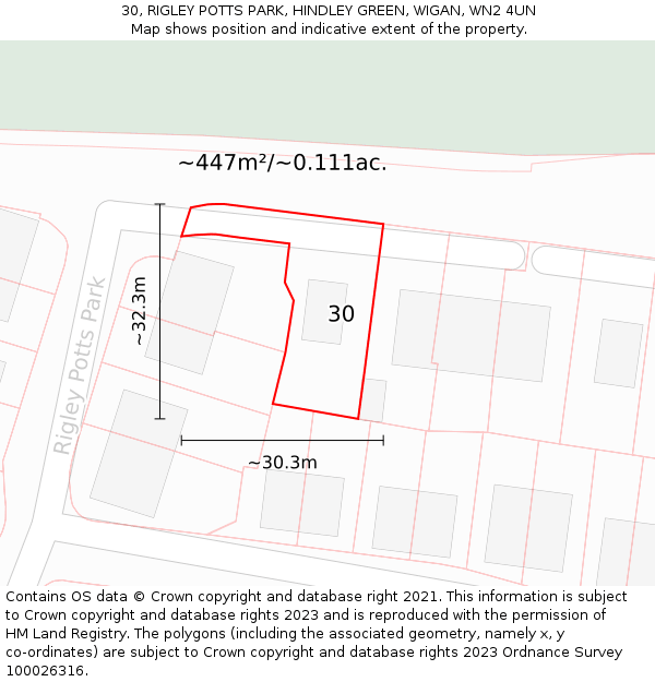 30, RIGLEY POTTS PARK, HINDLEY GREEN, WIGAN, WN2 4UN: Plot and title map