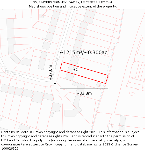 30, RINGERS SPINNEY, OADBY, LEICESTER, LE2 2HA: Plot and title map