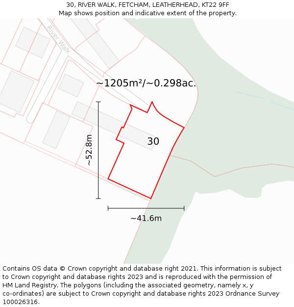 30, RIVER WALK, FETCHAM, LEATHERHEAD, KT22 9FF: Plot and title map