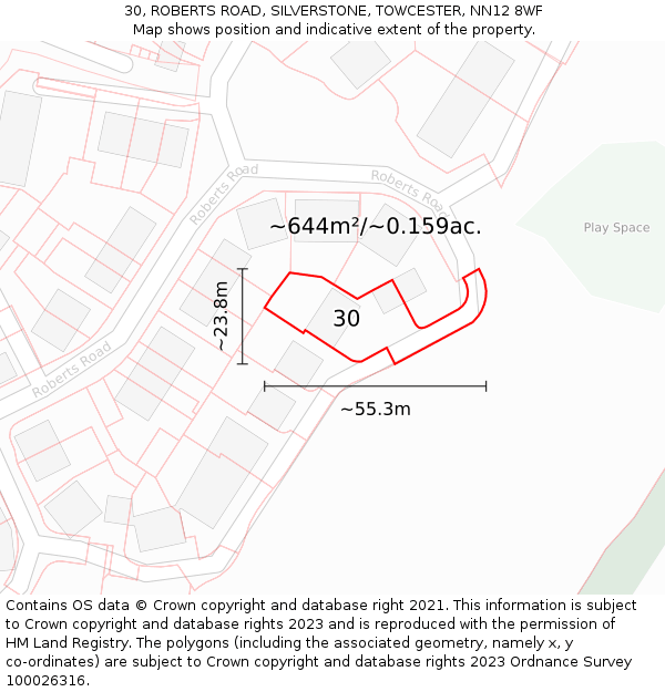 30, ROBERTS ROAD, SILVERSTONE, TOWCESTER, NN12 8WF: Plot and title map